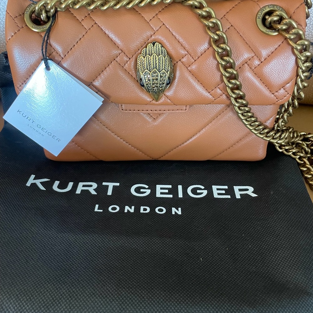 Kurt Geiger Quilted Tan Leather Crossbody with Gold Chain